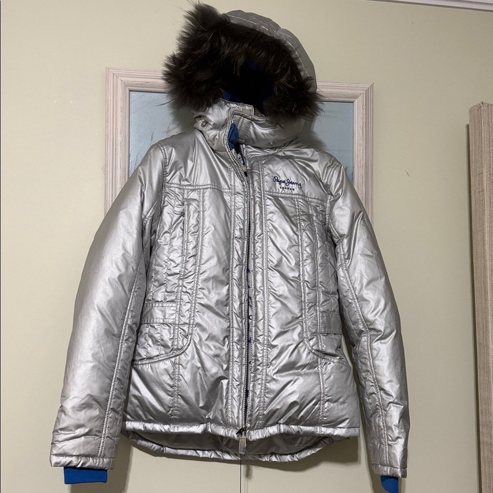Pepe Jeans "Sharman" Silver Down Fur Trim Hooded Women's  Parca Jacket Size:M